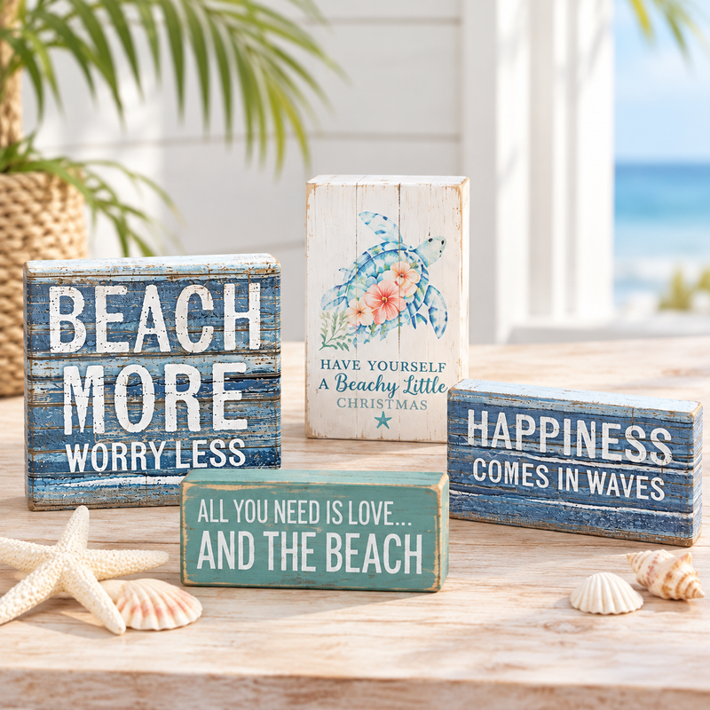 Rustic coastal wooden signs featuring Beach More Worry Less, Happiness Comes in Waves, and beach-inspired decorations displayed in a seaside cottage setting.